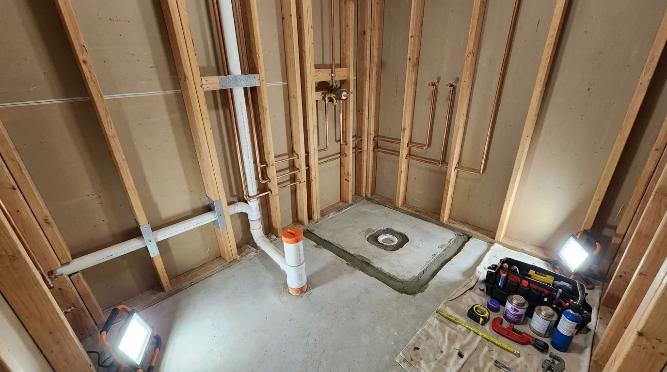 Bathroom rough-in plumbing during remodel by Johns Plumbing LLC in Norridgewock