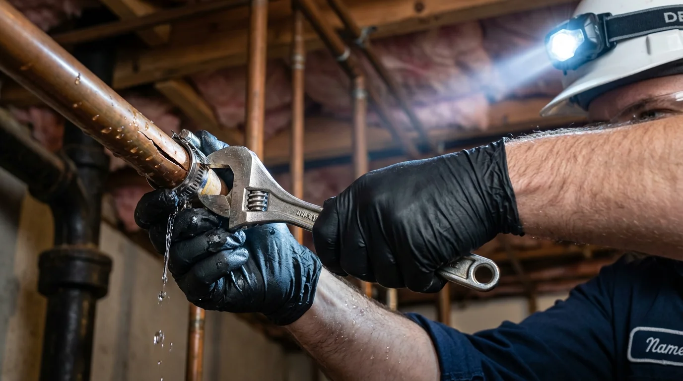 Emergency pipe clamp repair being performed by a Johns Plumbing LLC plumber in Norridgewock