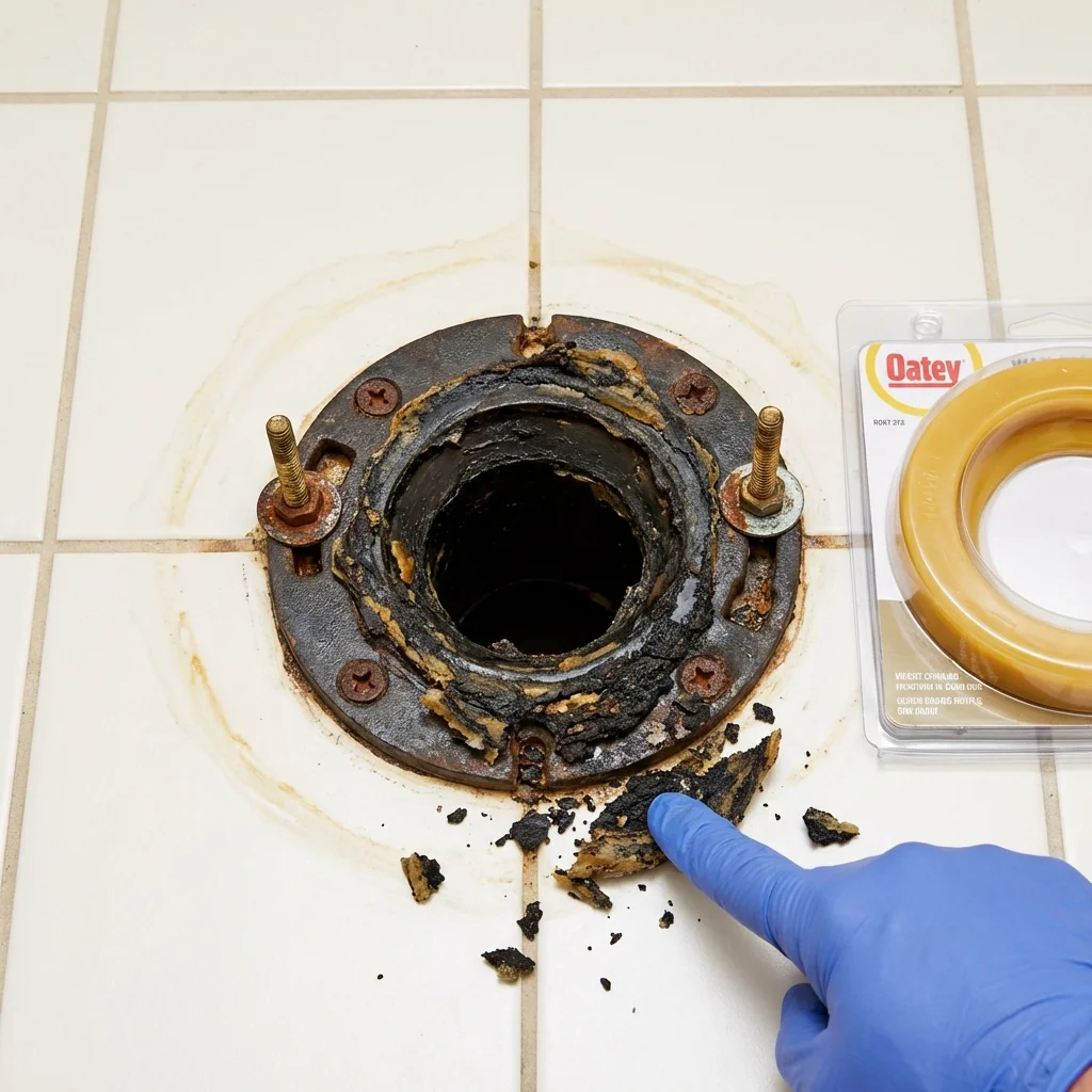 Failed wax ring showing water seepage at the base of a toilet in a Norridgewock, ME home