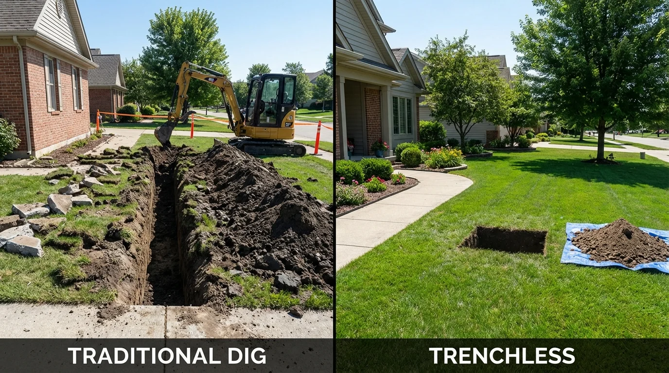 Trenchless sewer repair with minimal yard damage versus traditional excavation in Norridgewock, ME